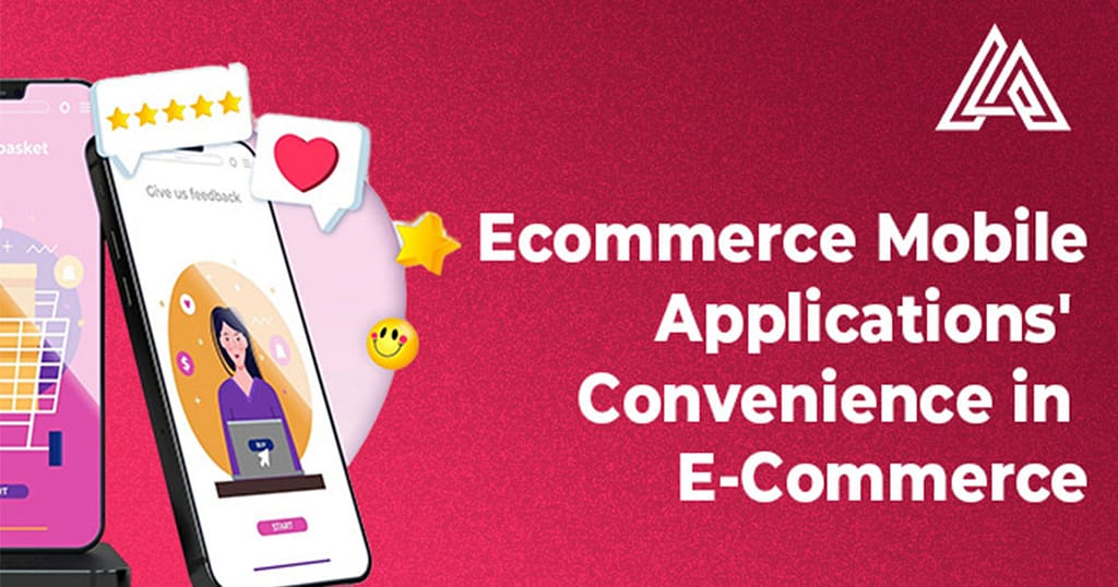 2 mobiles standing with e commerce UI/UX and emotes with text and company logo on red gradient background