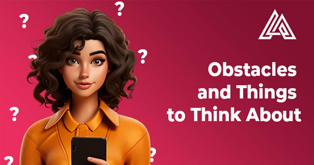 A female holding cellphone with Question mark signs in background with text and company logo on red gradient background